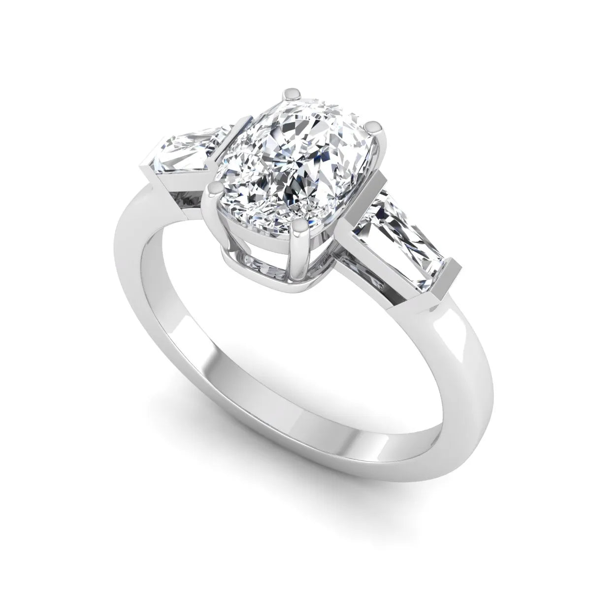 Cushion cut lab grown diamond three stone engagement ring with baguette side diamonds in a four prong setting and white gold tone band.
