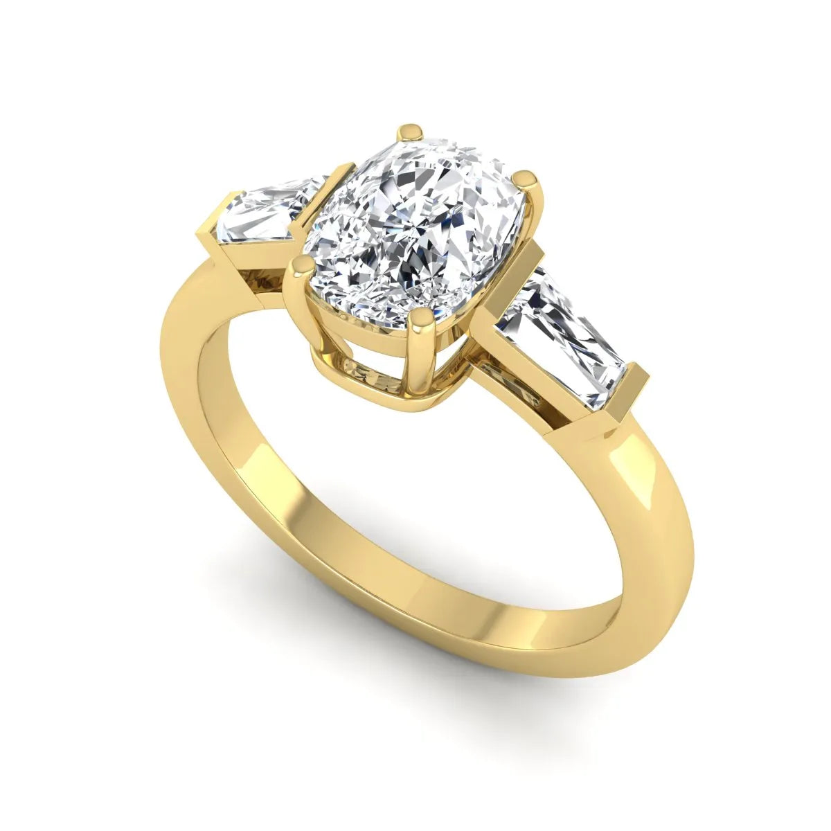Cushion cut lab grown diamond three stone engagement ring with baguette side diamonds in a four prong setting and yellow gold tone band.