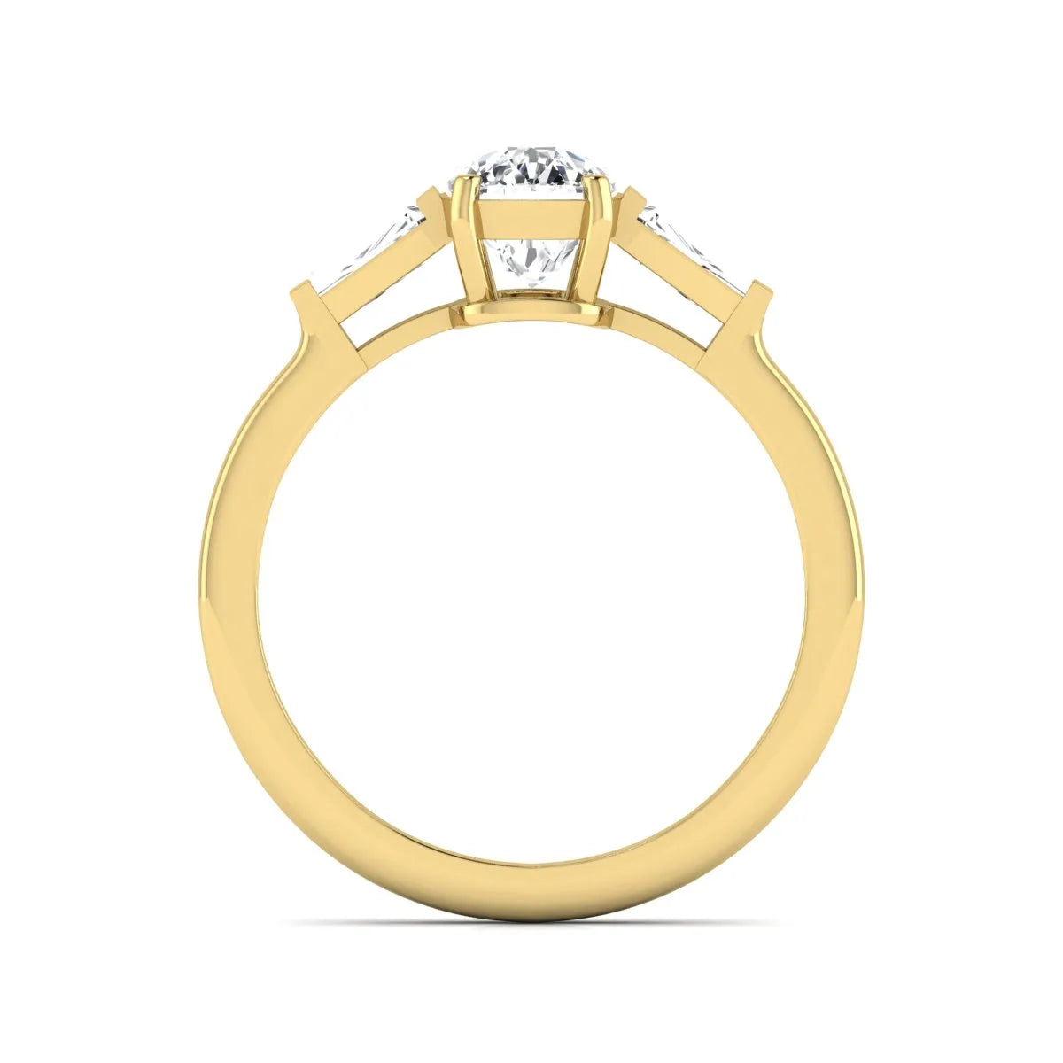 Cushion cut lab grown diamond three stone engagement ring with baguette side diamonds in a four prong setting and yellow gold tone band.