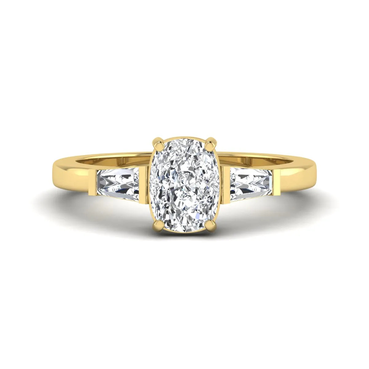 Cushion cut lab grown diamond three stone engagement ring with baguette side diamonds in a four prong setting and yellow gold tone band.
