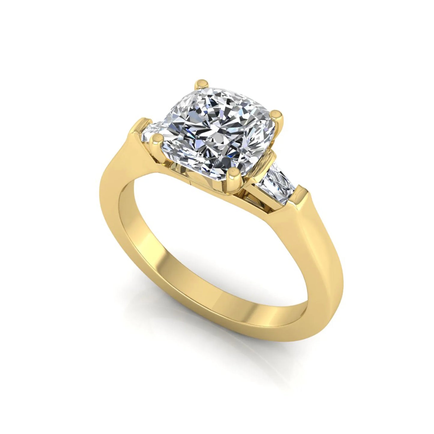 Cushion cut lab grown diamond three stone engagement ring featuring tapered baguette side diamonds in a four prong setting with yellow gold finish. in yellow gold