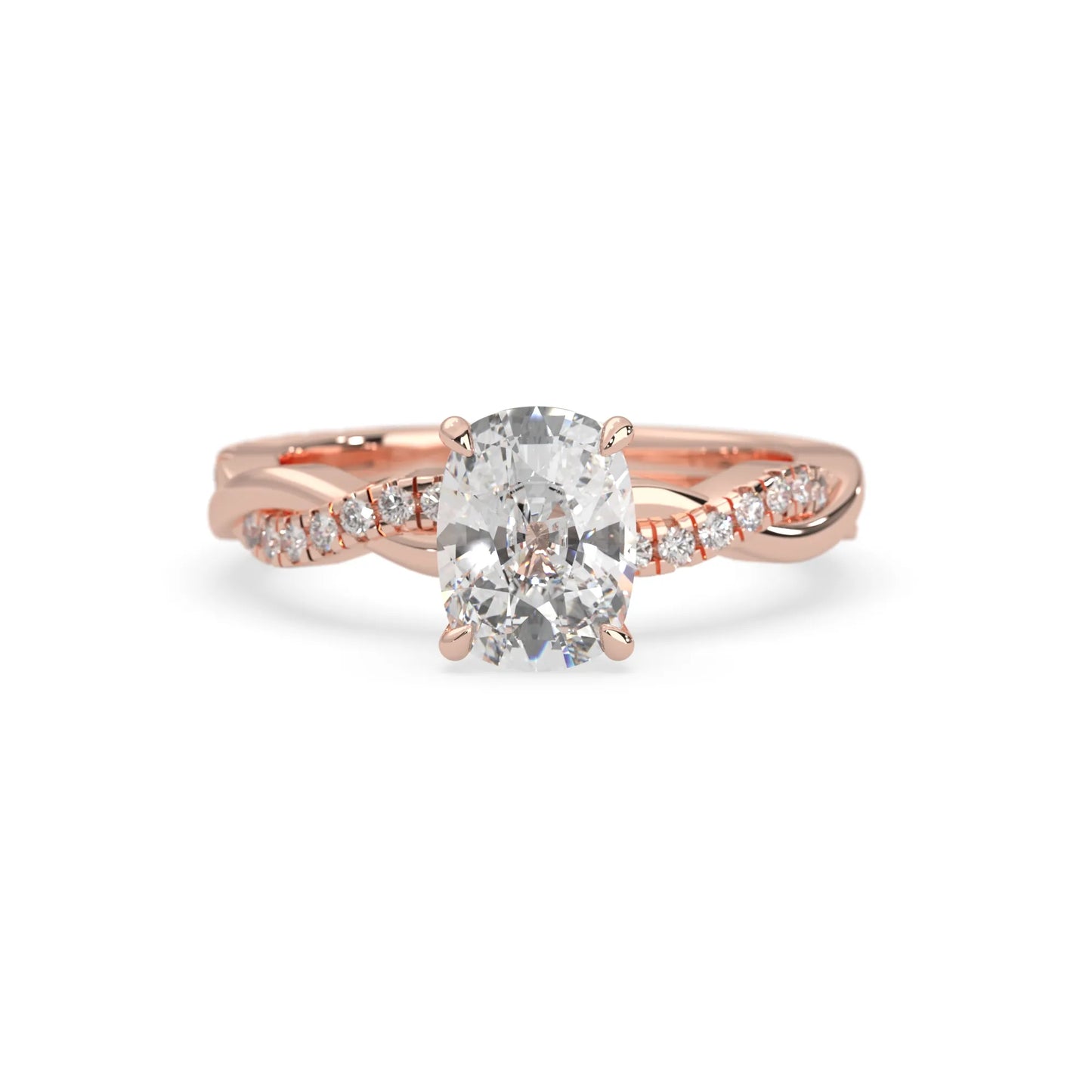 Cushion brilliant lab grown diamond engagement ring with prong setting and twisted pavé diamond band in rose gold tone
