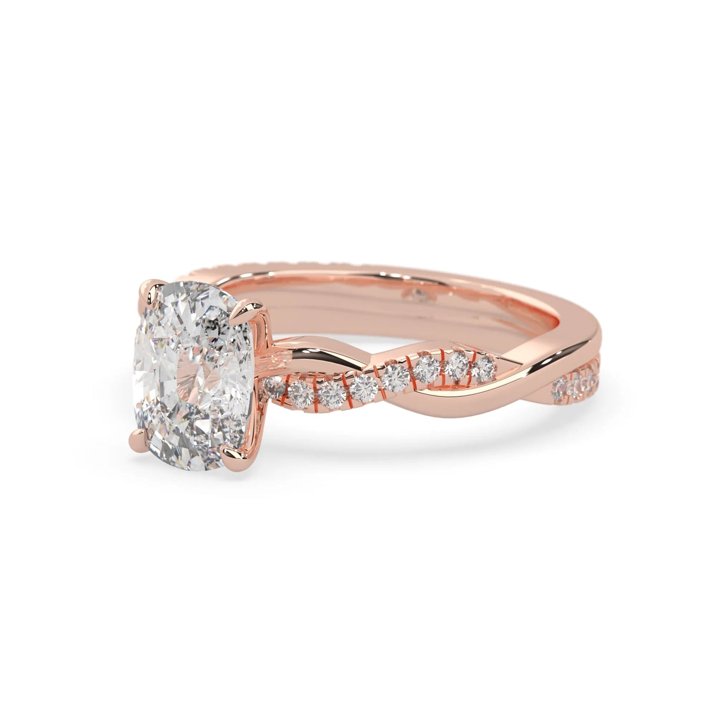 Cushion brilliant lab grown diamond engagement ring with prong setting and twisted pavé diamond band in rose gold tone
