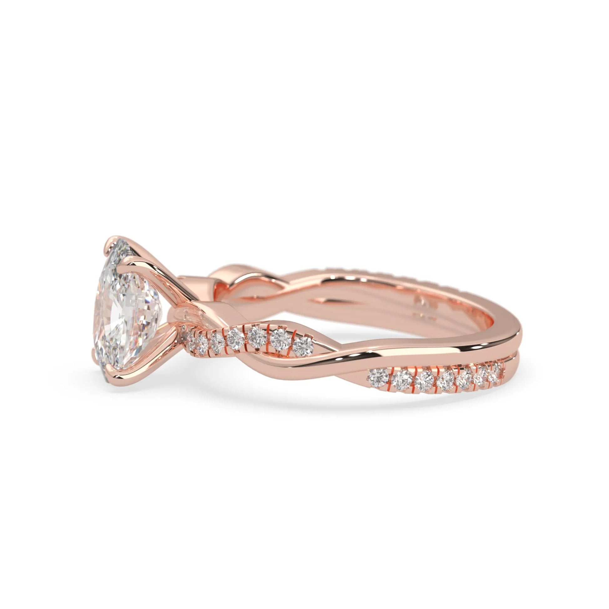 Cushion brilliant lab grown diamond engagement ring with prong setting and twisted pavé diamond band in rose gold tone