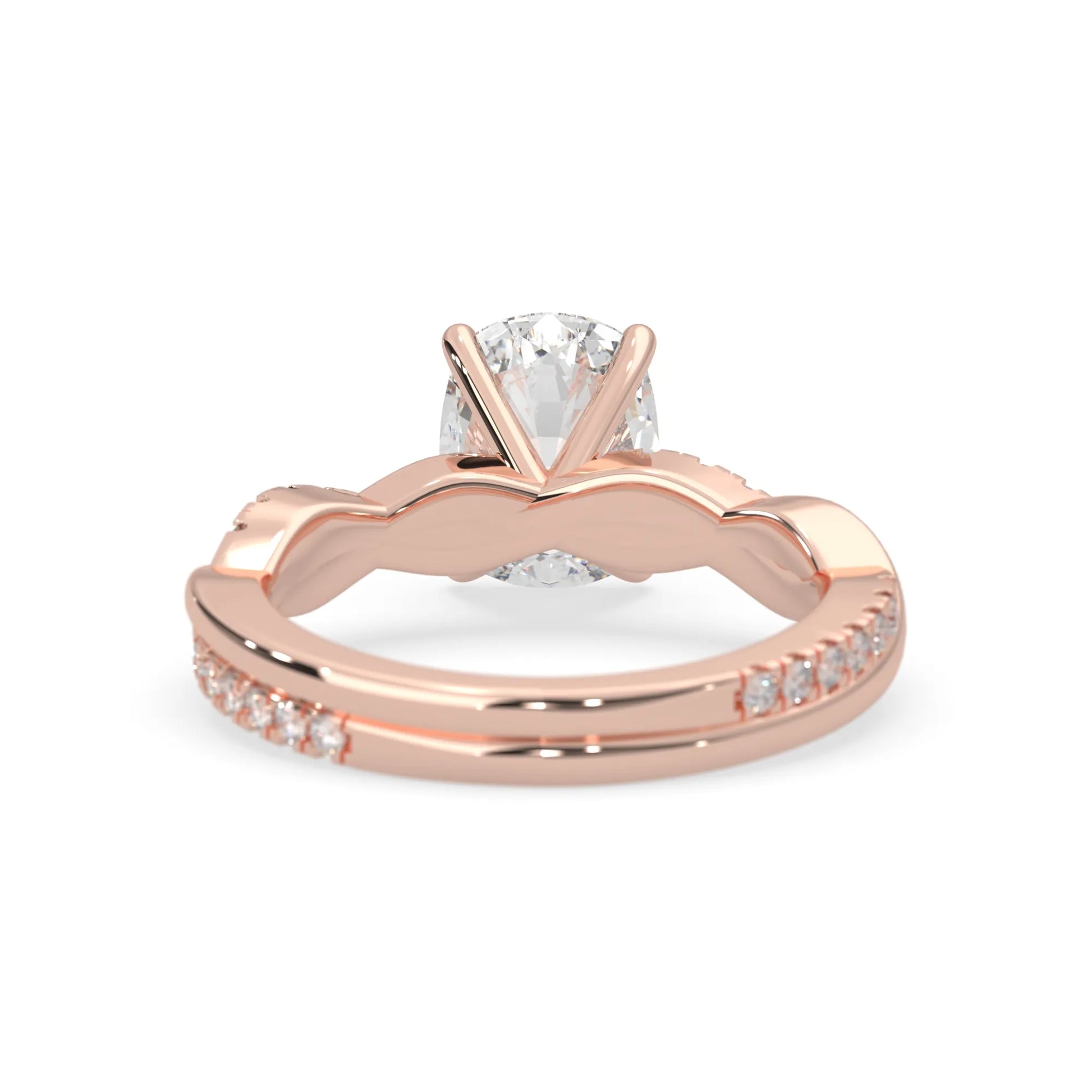 Cushion brilliant lab grown diamond engagement ring with prong setting and twisted pavé diamond band in rose gold tone