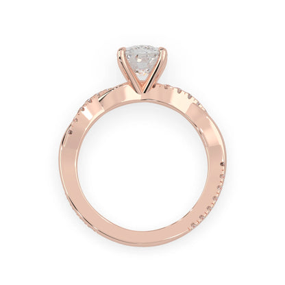 Cushion brilliant lab grown diamond engagement ring with prong setting and twisted pavé diamond band in rose gold tone