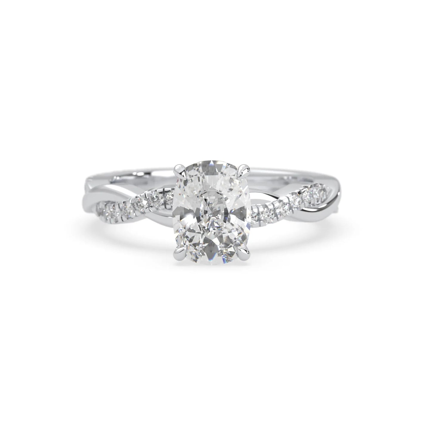 Cushion brilliant lab grown diamond engagement ring with prong setting and twisted pavé diamond band in white gold tone