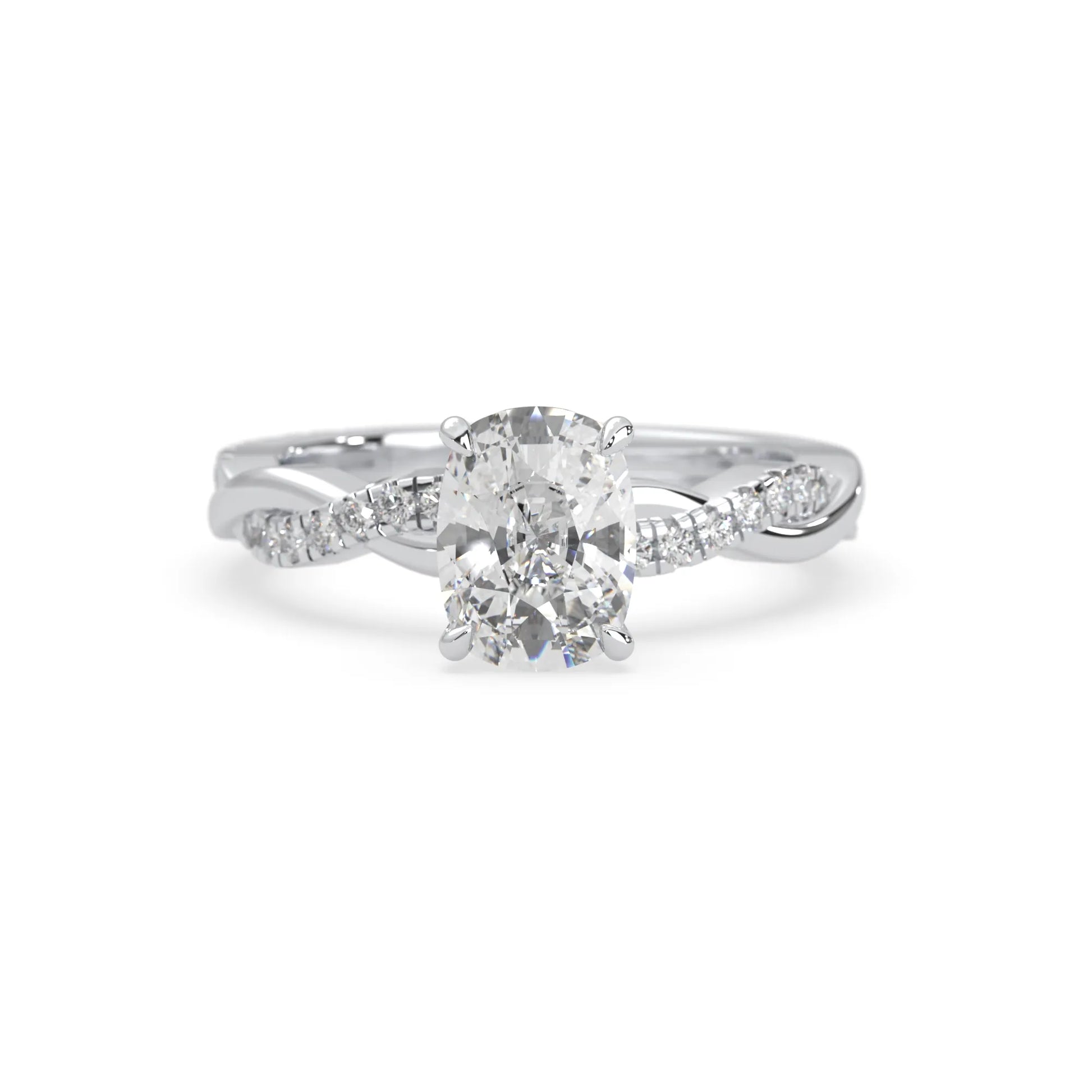 Cushion brilliant lab grown diamond engagement ring with prong setting and twisted pavé diamond band in white gold tone