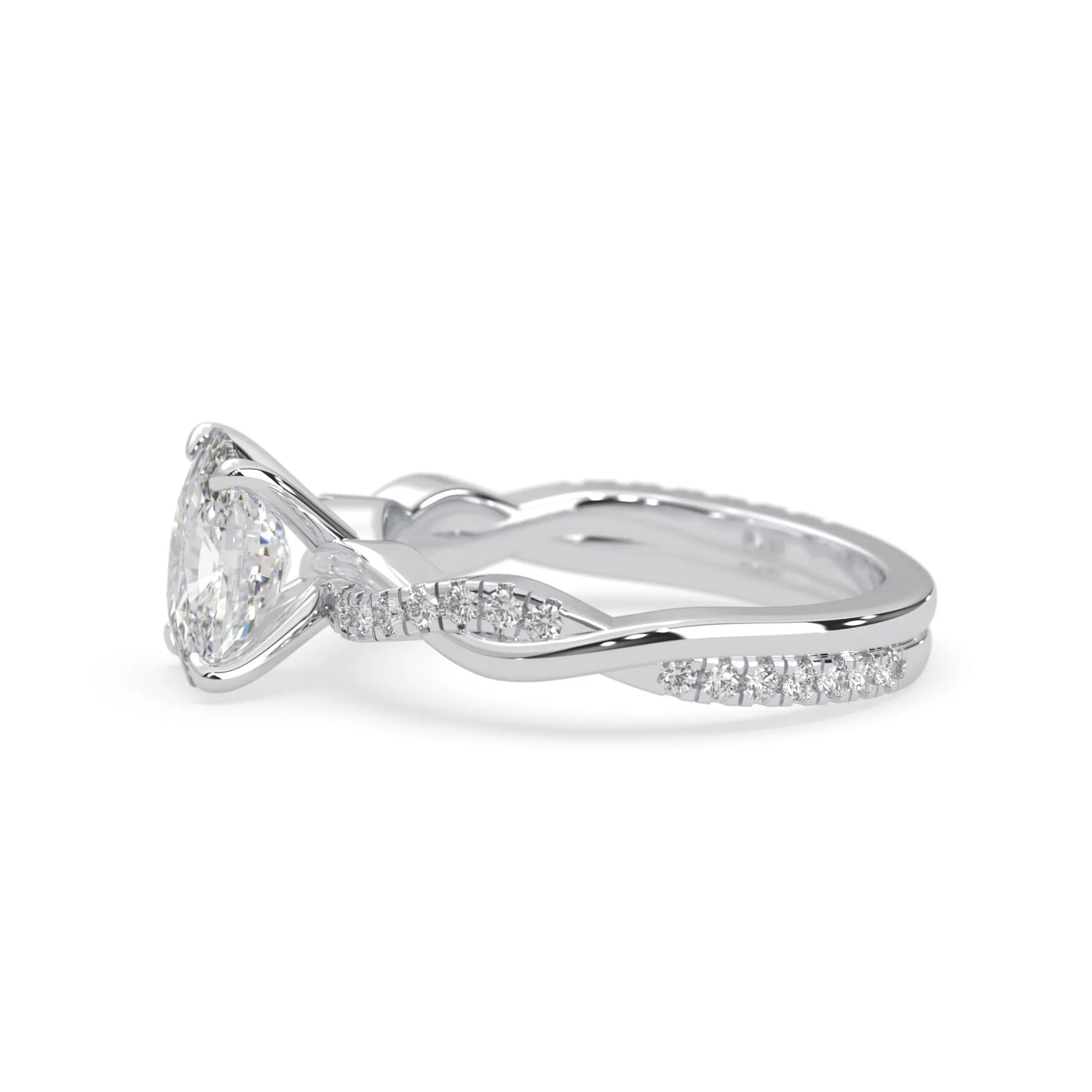 Cushion brilliant lab grown diamond engagement ring with prong setting and twisted pavé diamond band in white gold tone