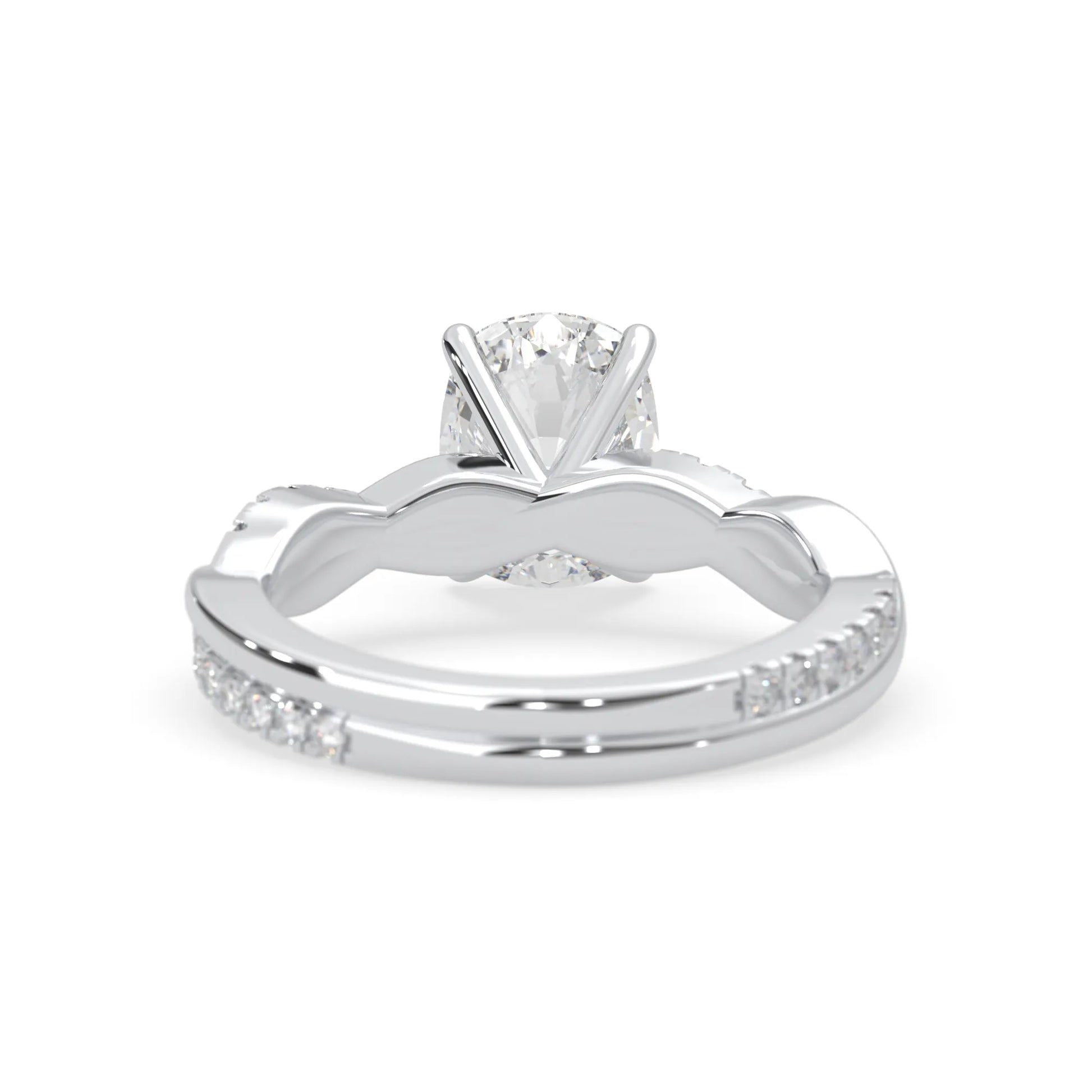 Cushion brilliant lab grown diamond engagement ring with prong setting and twisted pavé diamond band in white gold tone