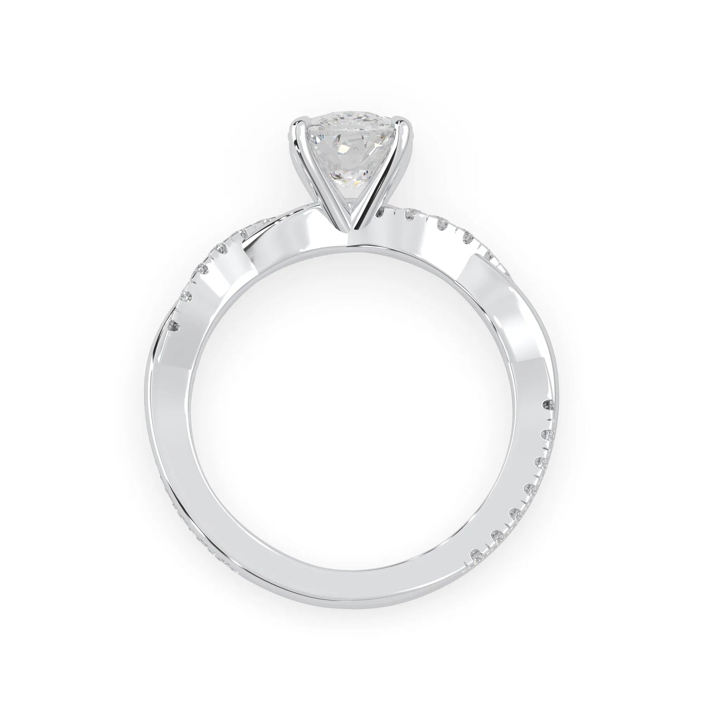 Cushion brilliant lab grown diamond engagement ring with prong setting and twisted pavé diamond band in white gold tone