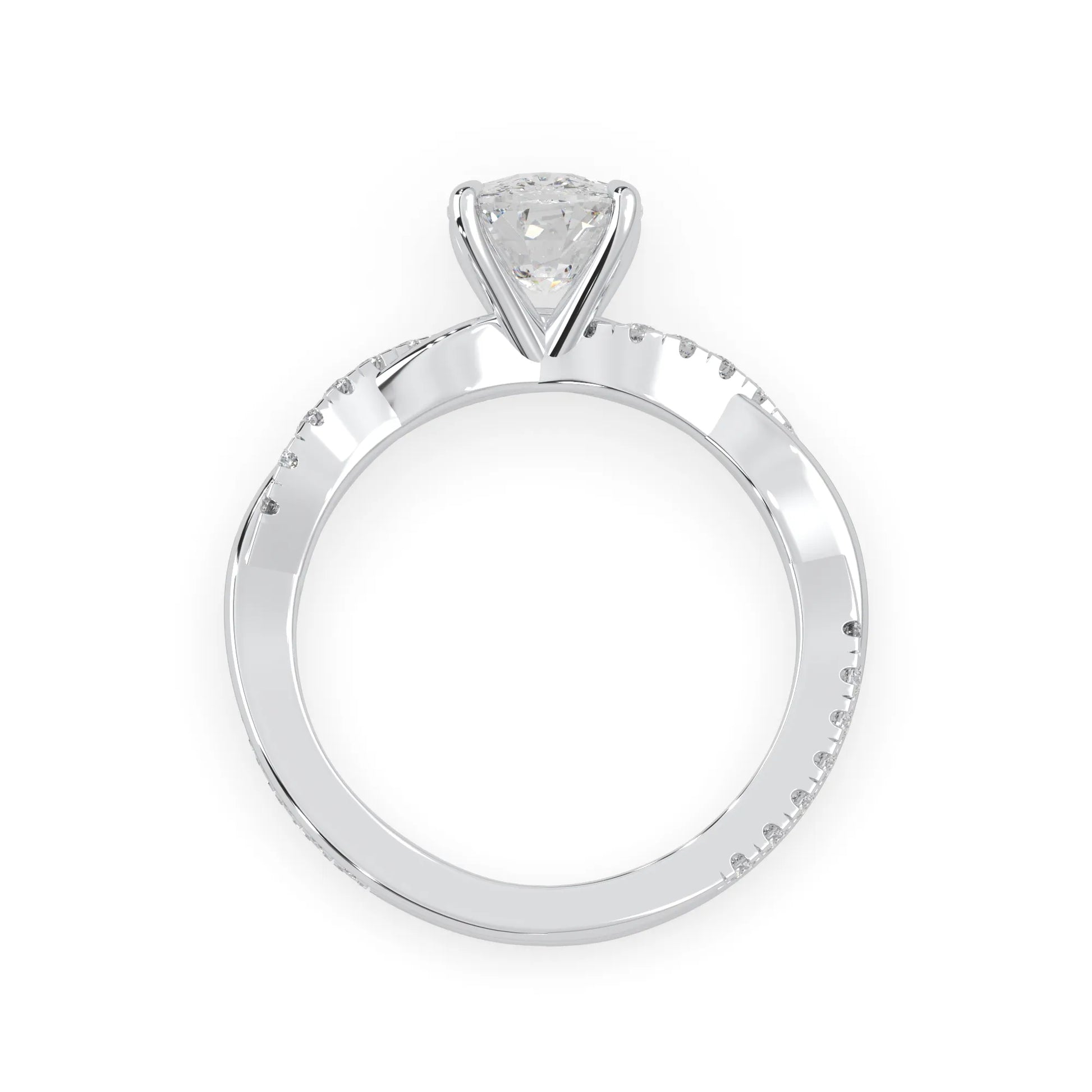 Cushion brilliant lab grown diamond engagement ring with prong setting and twisted pavé diamond band in white gold tone