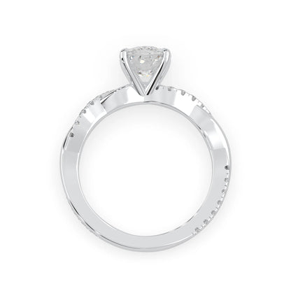 Cushion brilliant lab grown diamond engagement ring with prong setting and twisted pavé diamond band in white gold tone