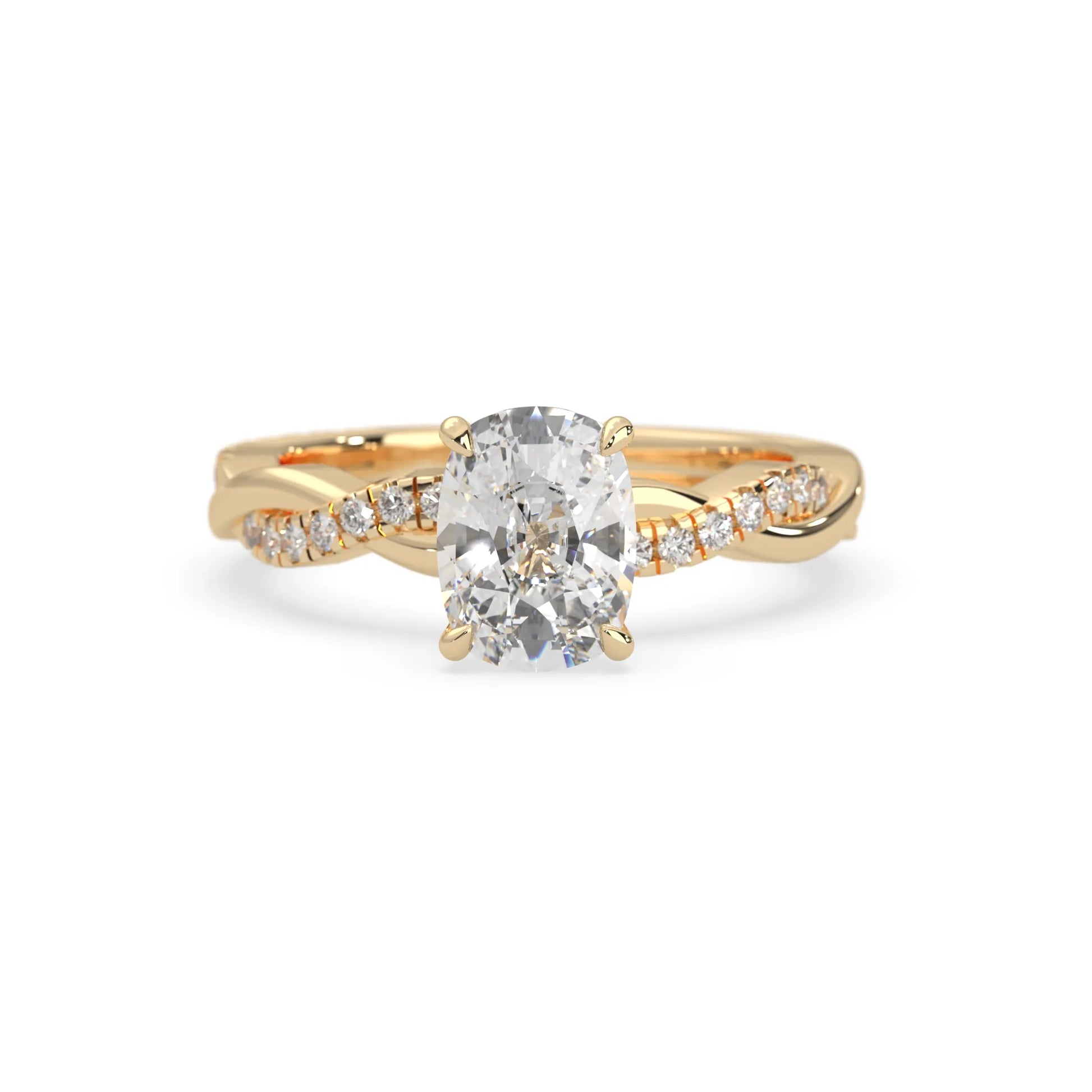 Cushion brilliant lab grown diamond engagement ring with prong setting and twisted pavé diamond band in yellow gold tone