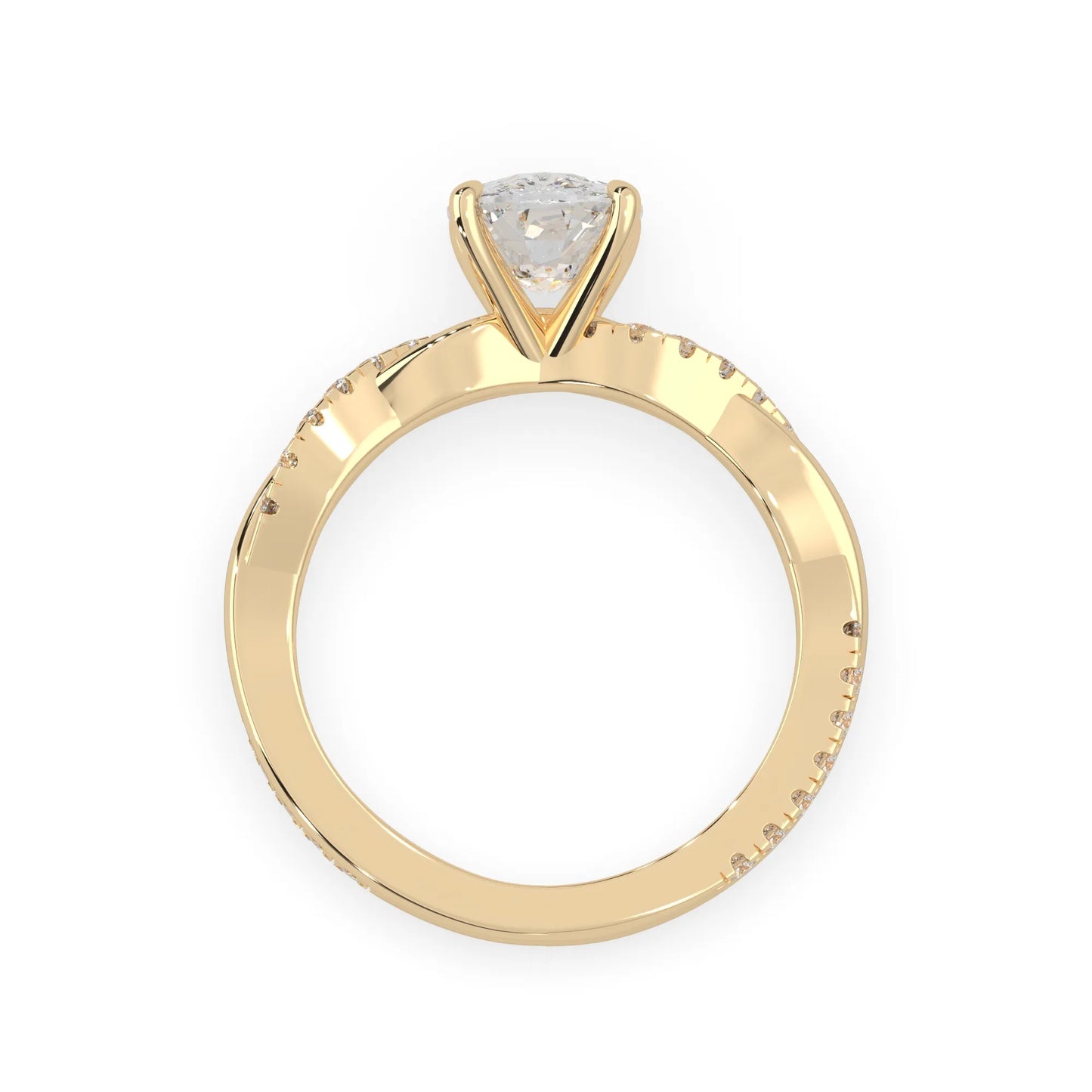 Cushion brilliant lab grown diamond engagement ring with prong setting and twisted pavé diamond band in yellow gold tone