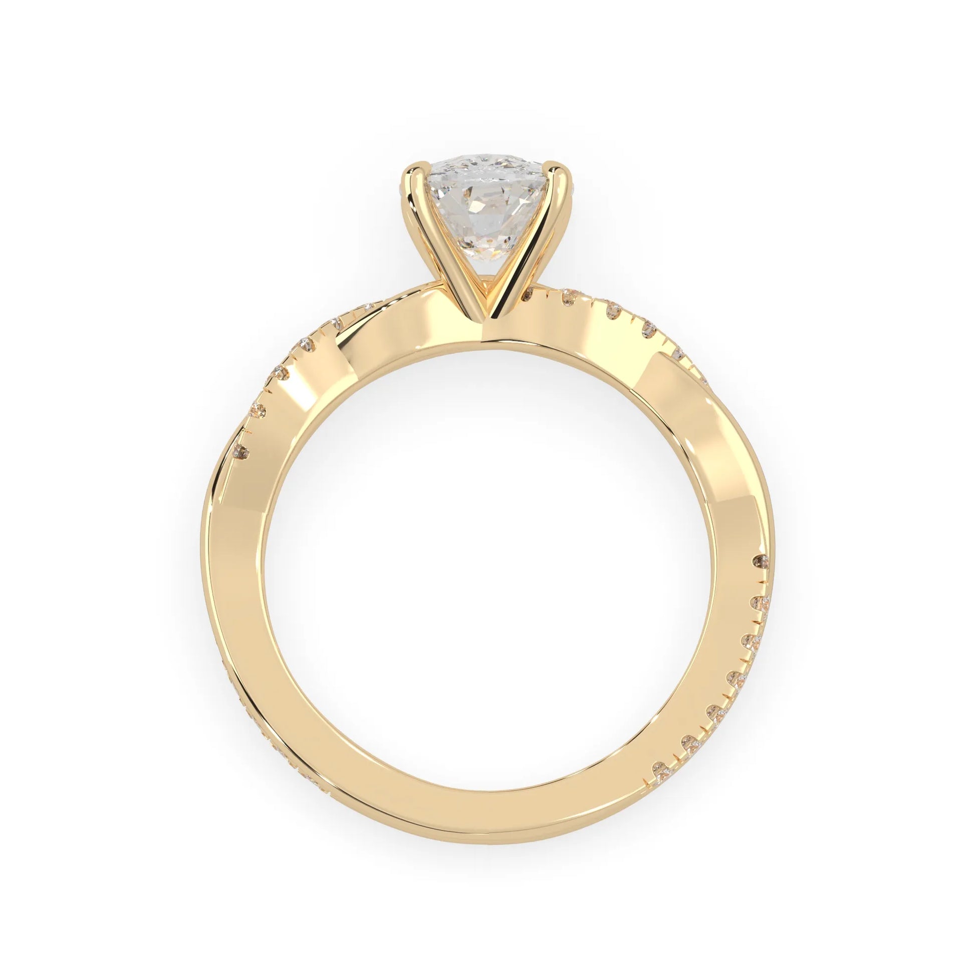 Cushion brilliant lab grown diamond engagement ring with prong setting and twisted pavé diamond band in yellow gold tone