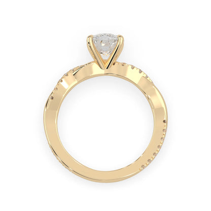 Cushion brilliant lab grown diamond engagement ring with prong setting and twisted pavé diamond band in yellow gold tone