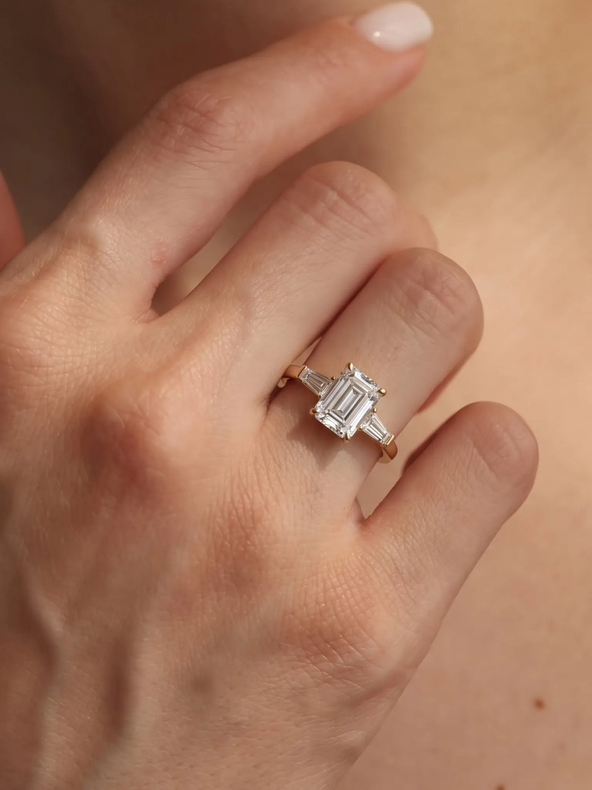 3 Carat Emerald Three Stone Prong Set Lab Grown Diamond Engagement Ring