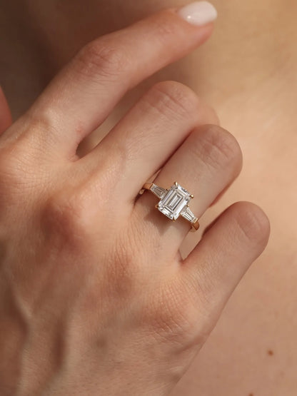 3 Carat Emerald Three Stone Prong Set Lab Grown Diamond Engagement Ring