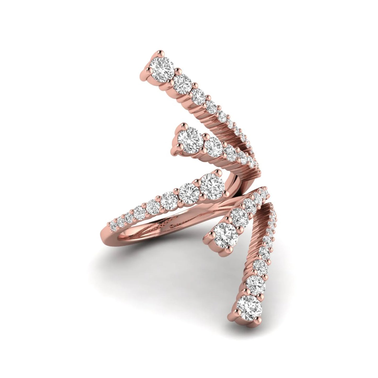 Diamond bypass cluster fashion ring featuring 1.98 carats of round lab grown diamonds in an open multi-row pavé bypass design with a polished rose gold band.