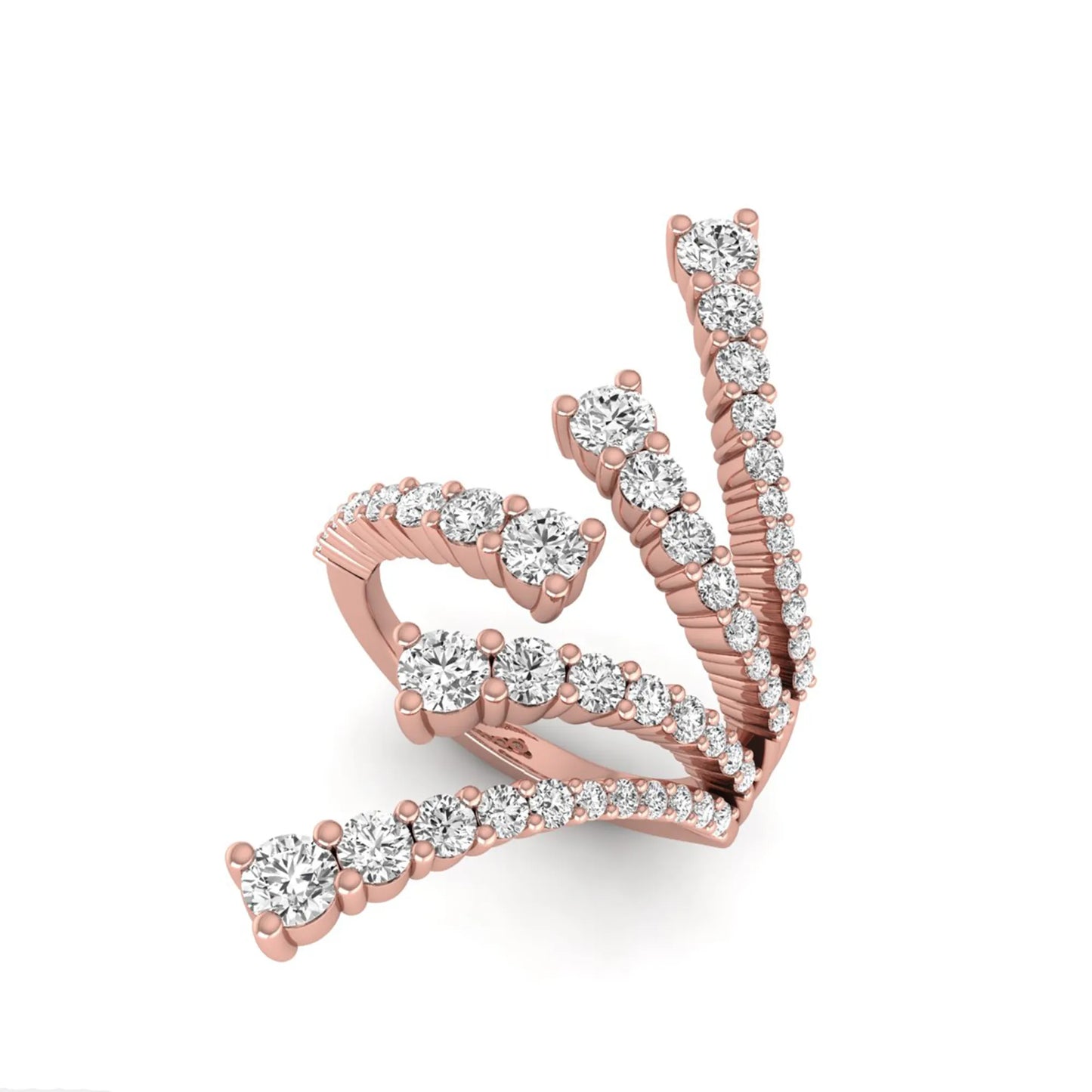 Diamond bypass cluster fashion ring featuring 1.98 carats of round lab grown diamonds in an open multi-row pavé bypass design with a polished rose gold band.