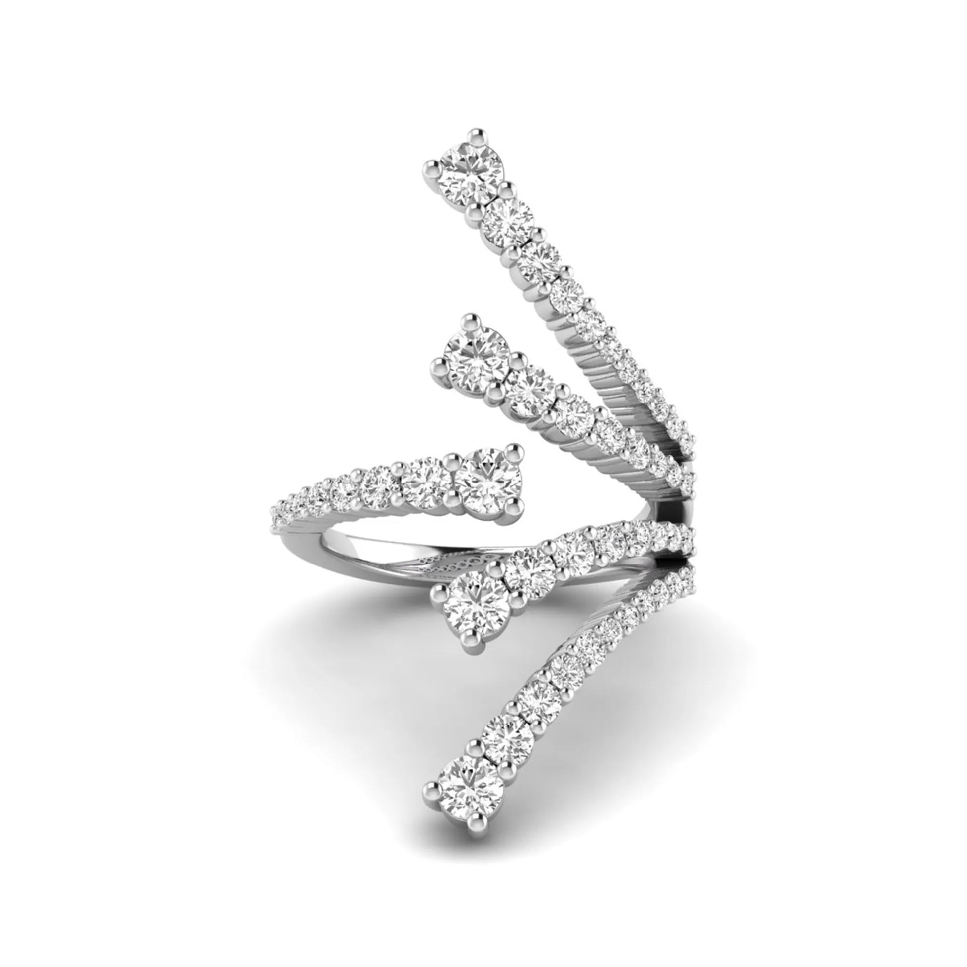 Diamond bypass cluster fashion ring featuring 1.98 carats of round lab grown diamonds in an open multi-row pavé bypass design with a polished white gold band.