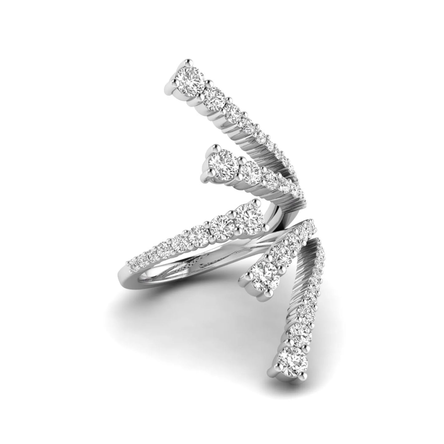 Diamond bypass cluster fashion ring featuring 1.98 carats of round lab grown diamonds in an open multi-row pavé bypass design with a polished white gold band.