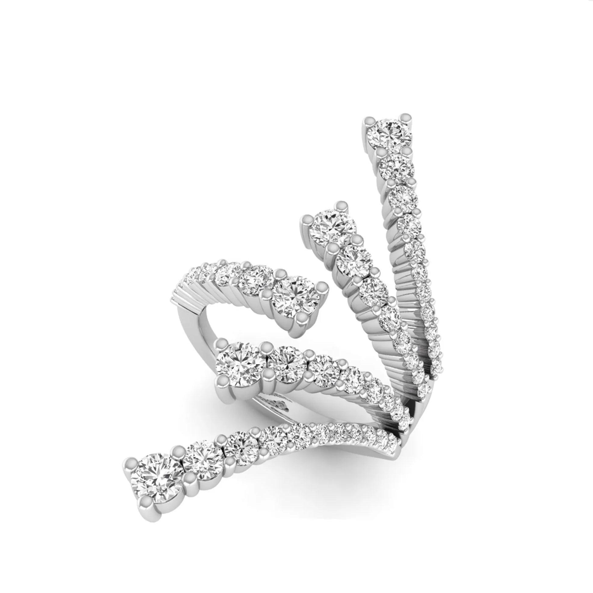 Diamond bypass cluster fashion ring featuring 1.98 carats of round lab grown diamonds in an open multi-row pavé bypass design with a polished white gold band.