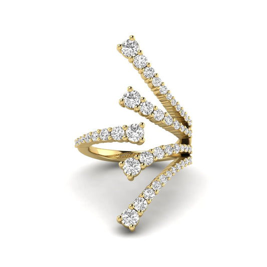 Diamond bypass cluster fashion ring featuring 1.98 carats of round lab grown diamonds in an open multi-row pavé bypass design with a polished yellow gold band.