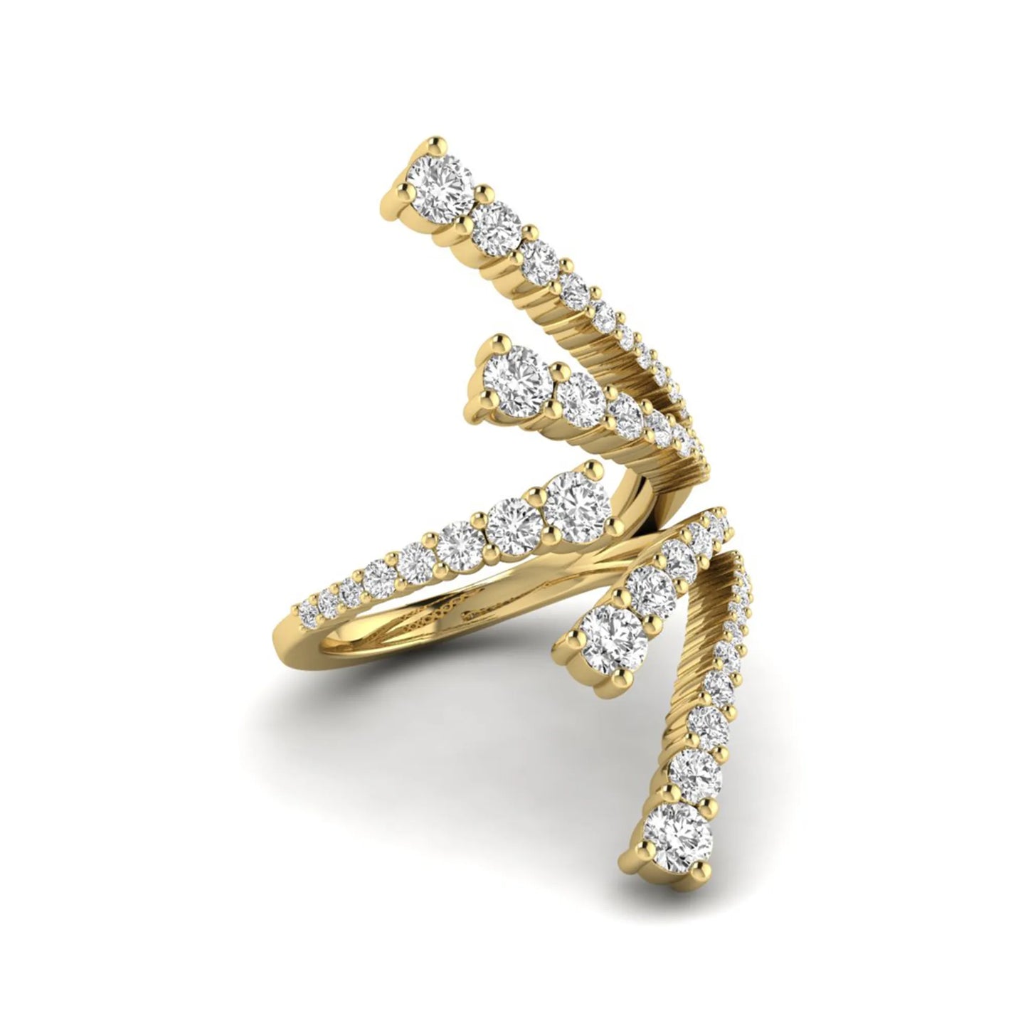 Diamond bypass cluster fashion ring featuring 1.98 carats of round lab grown diamonds in an open multi-row pavé bypass design with a polished yellow gold band.