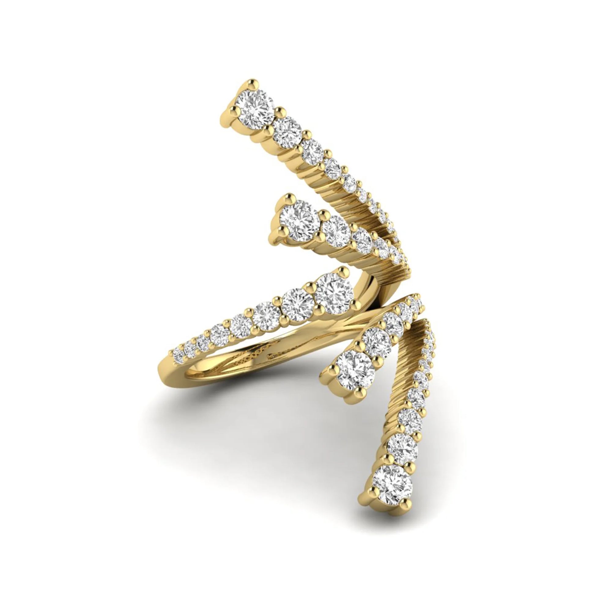 Diamond bypass cluster fashion ring featuring 1.98 carats of round lab grown diamonds in an open multi-row pavé bypass design with a polished yellow gold band.