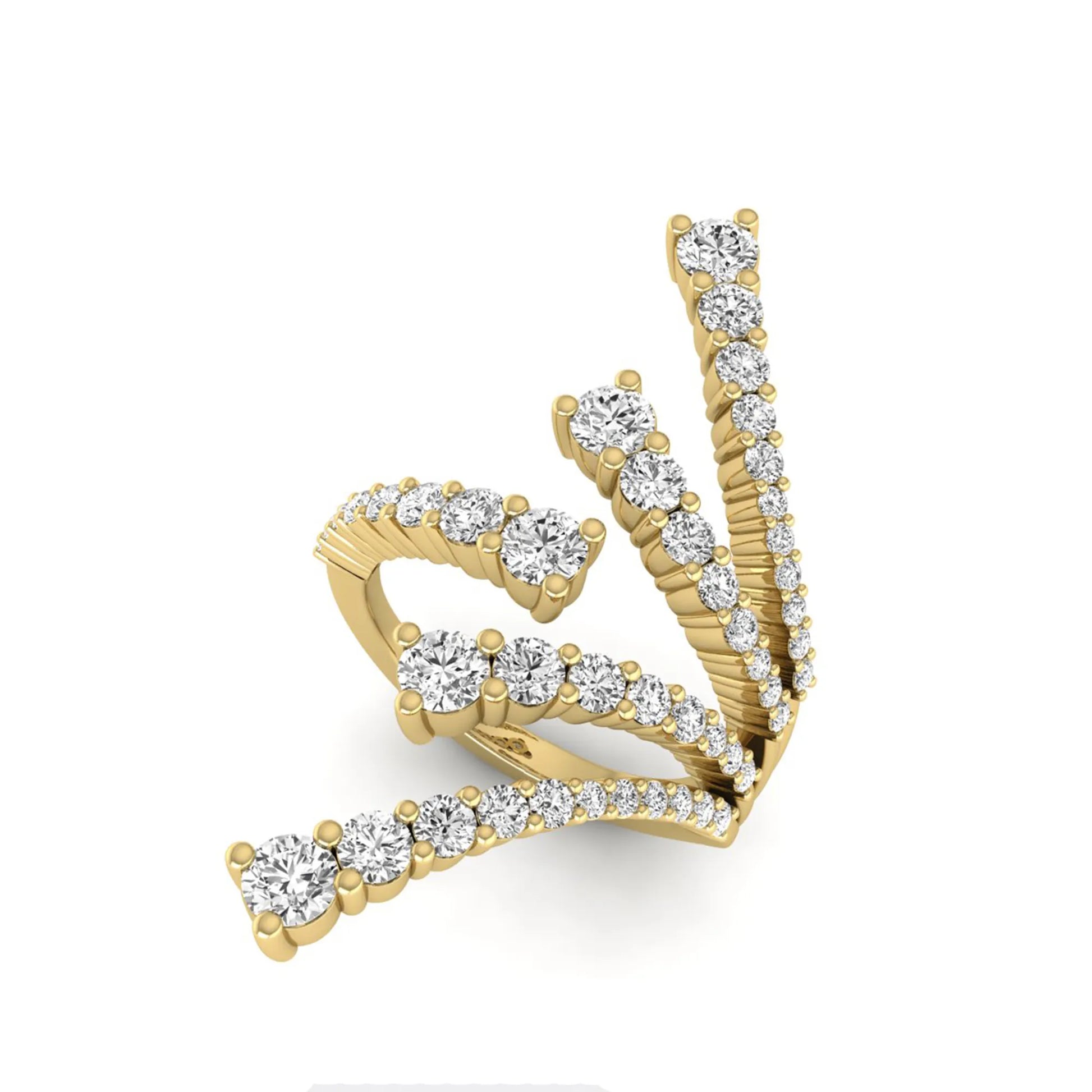 Diamond bypass cluster fashion ring featuring 1.98 carats of round lab grown diamonds in an open multi-row pavé bypass design with a polished yellow gold band.