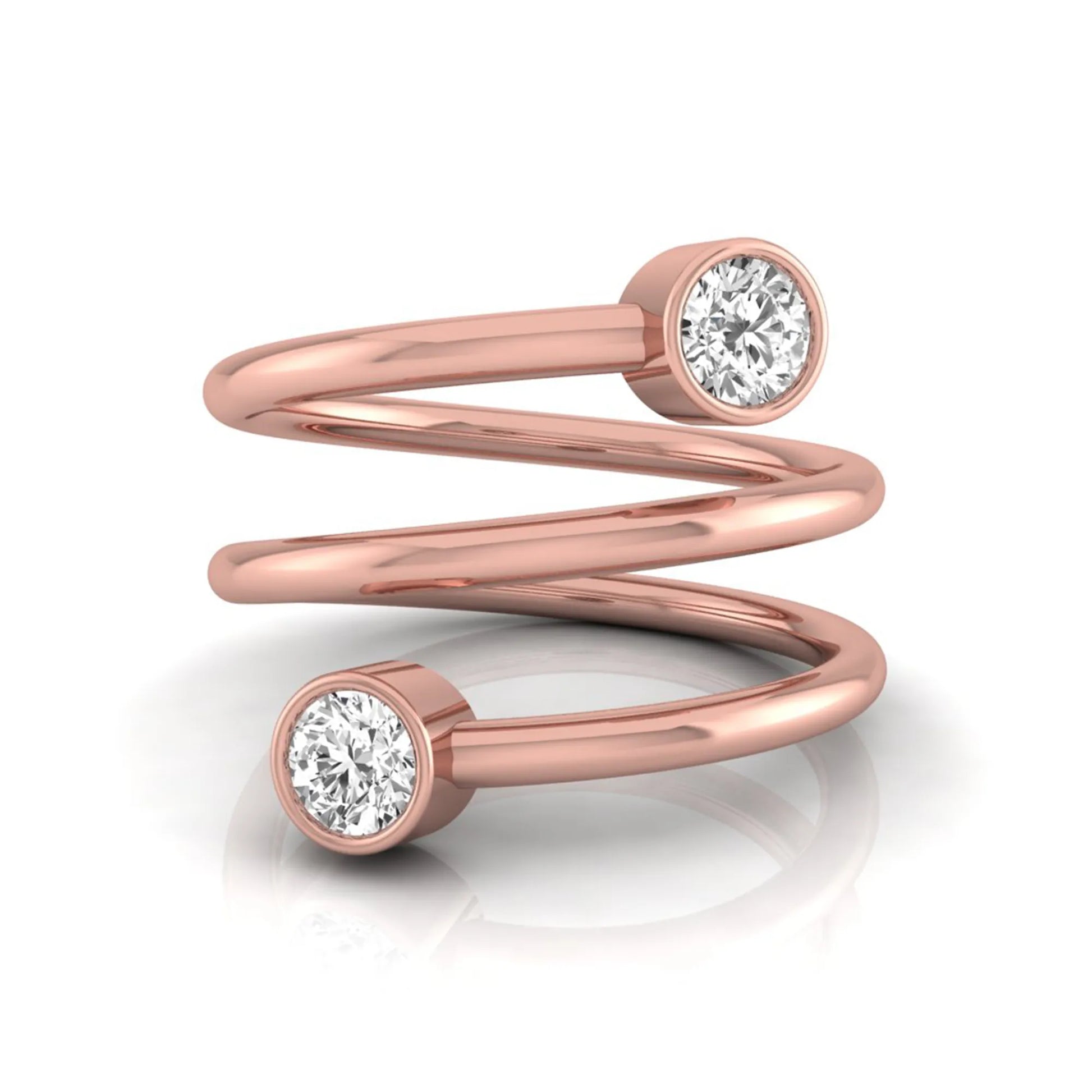 Triple wrap spiral ring featuring two bezel set round brilliant lab grown diamonds in a polished rose gold design