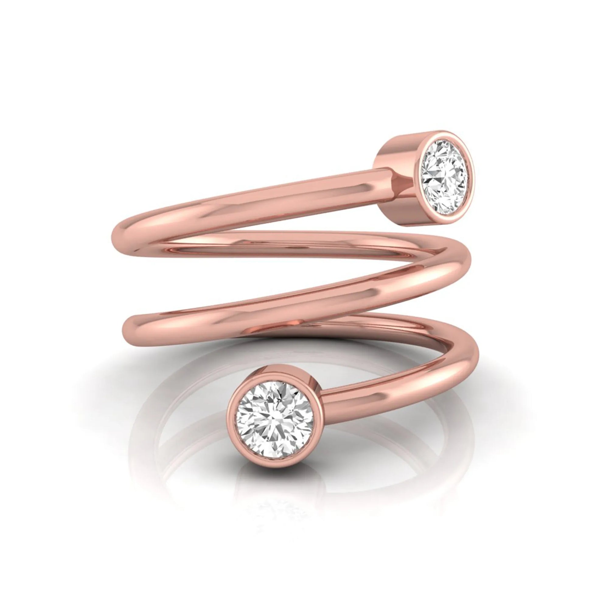 Triple wrap spiral ring featuring two bezel set round brilliant lab grown diamonds in a polished rose gold design