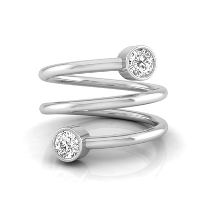 Triple wrap spiral ring featuring two bezel set round brilliant lab grown diamonds in a polished white gold design