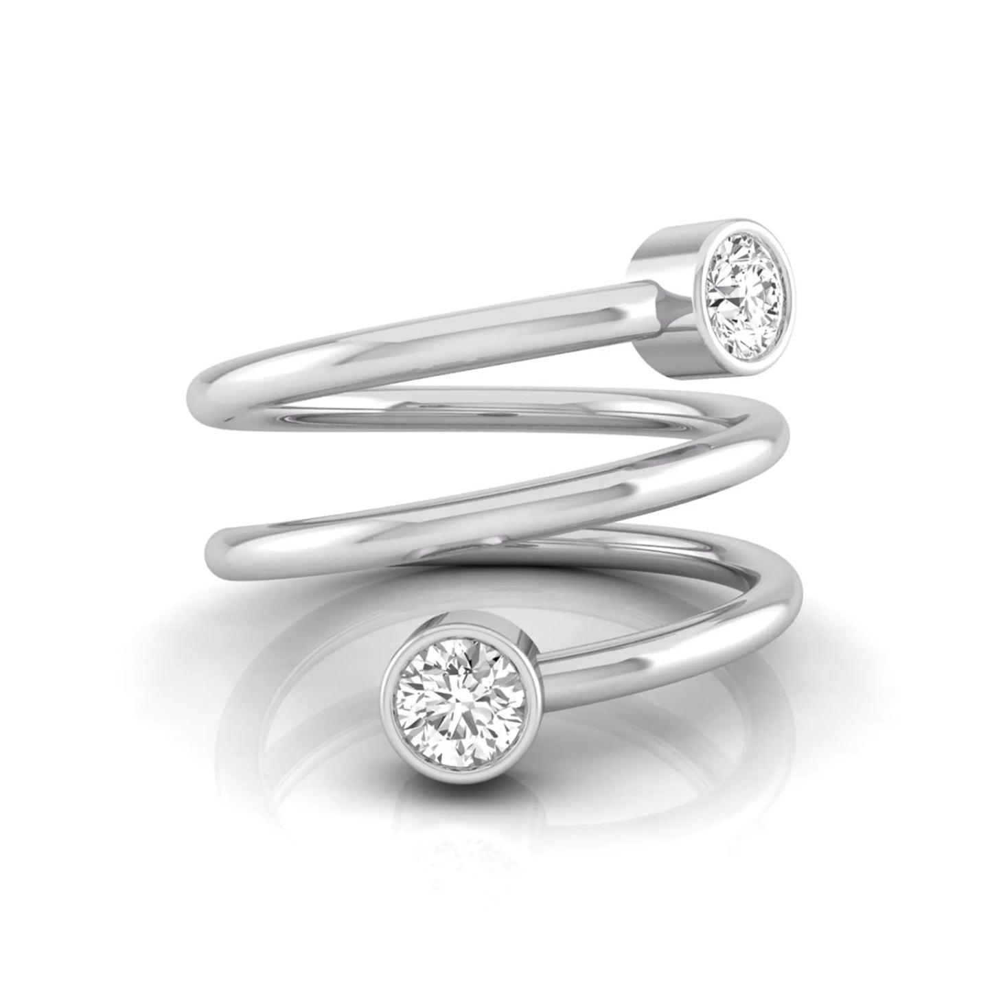 Triple wrap spiral ring featuring two bezel set round brilliant lab grown diamonds in a polished white gold design