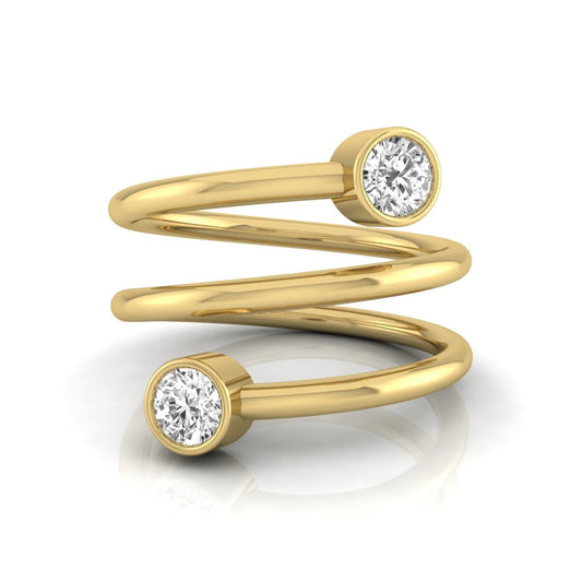 Triple wrap spiral ring featuring two bezel set round brilliant lab grown diamonds in a polished yellow gold design