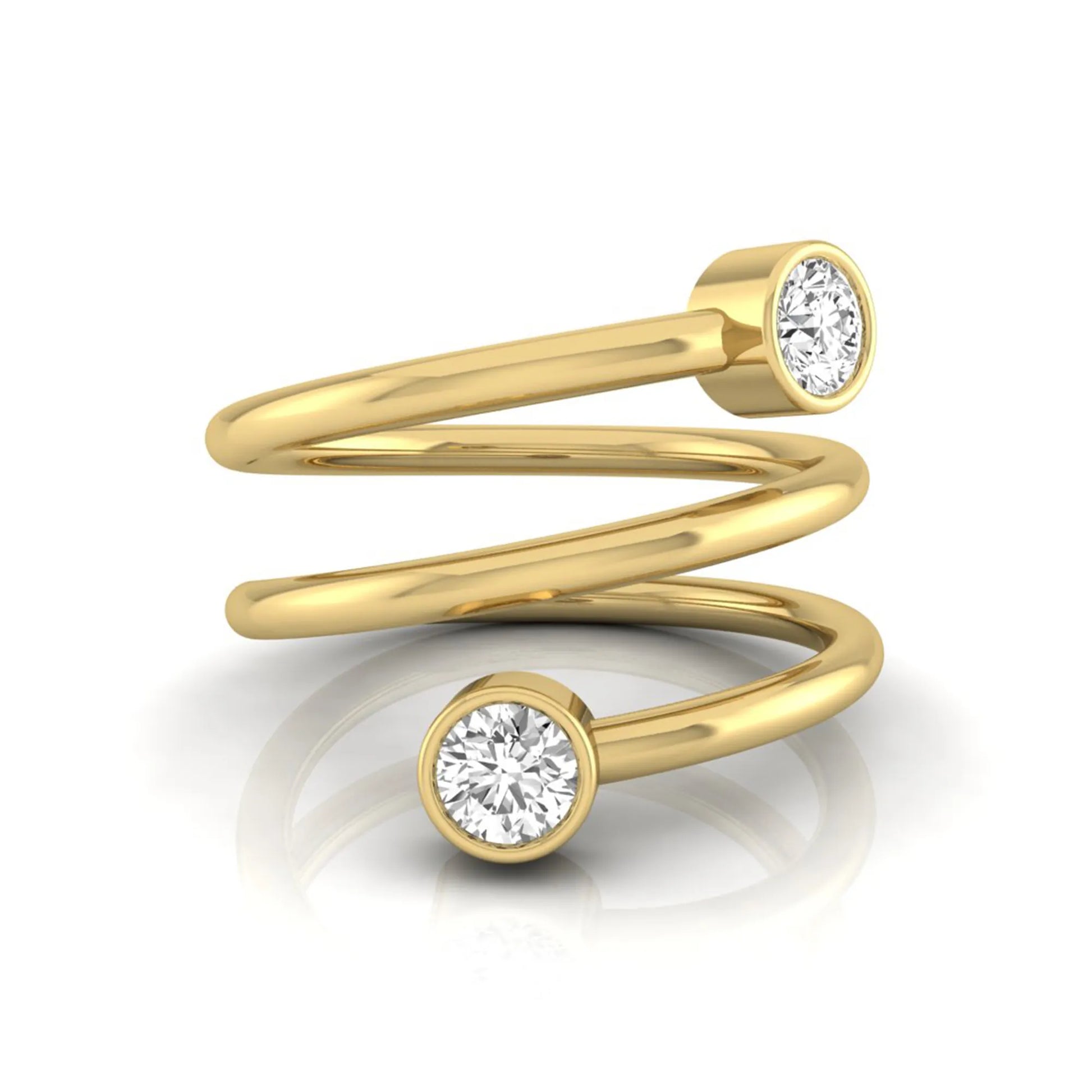 Triple wrap spiral ring featuring two bezel set round brilliant lab grown diamonds in a polished yellow gold design