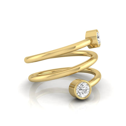 Triple wrap spiral ring featuring two bezel set round brilliant lab grown diamonds in a polished yellow gold design