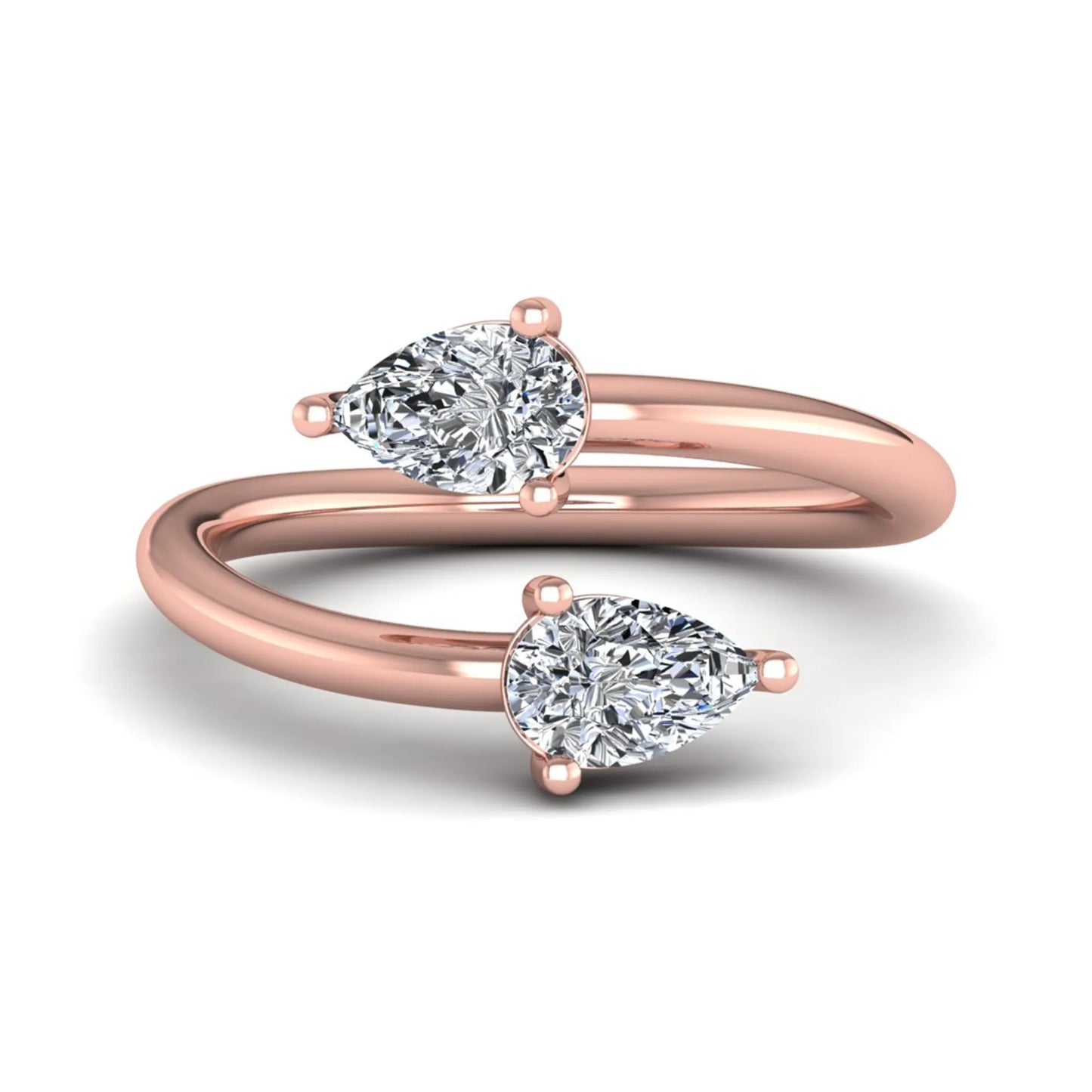 Double pear cut lab grown diamond open wrap ring with mirrored three-prong set diamonds in polished rose gold.