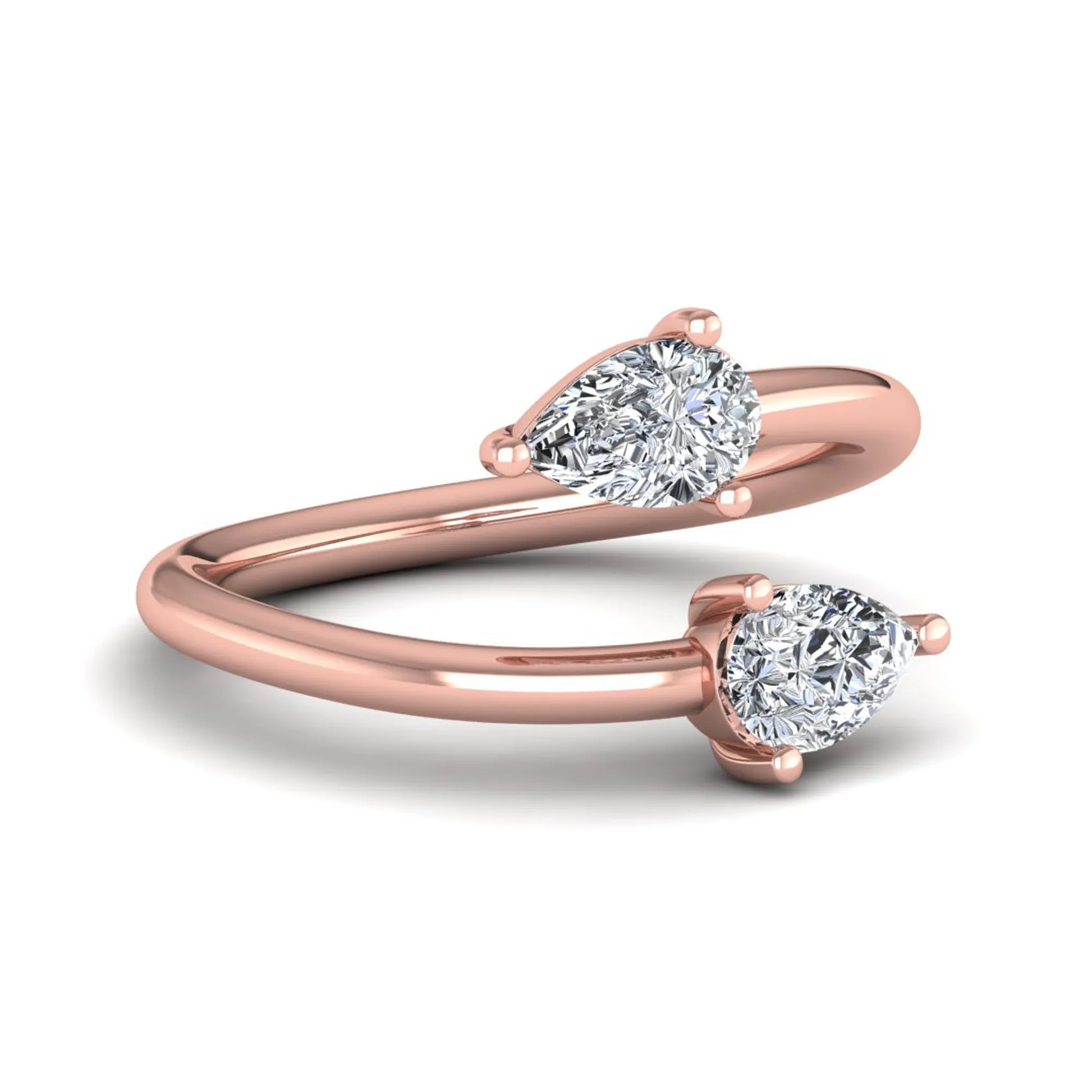 Double pear cut lab grown diamond open wrap ring with mirrored three-prong set diamonds in polished rose gold.