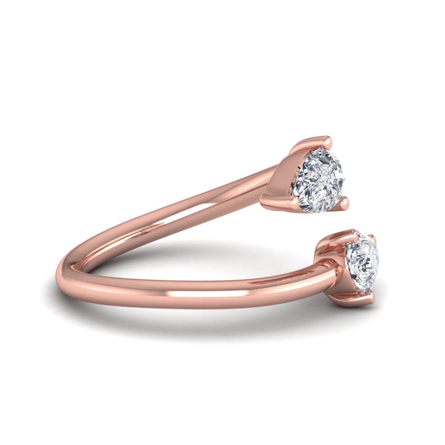 Double pear cut lab grown diamond open wrap ring with mirrored three-prong set diamonds in polished rose gold.