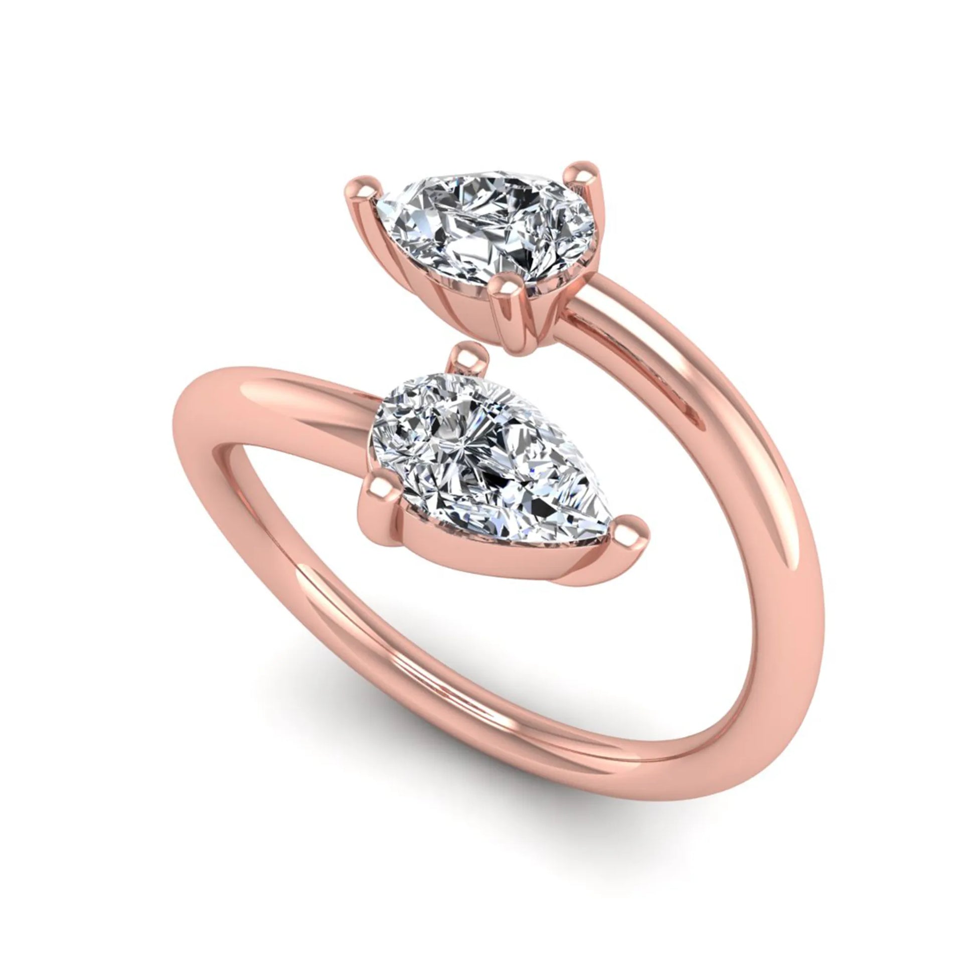 Double pear cut lab grown diamond open wrap ring with mirrored three-prong set diamonds in polished rose gold.