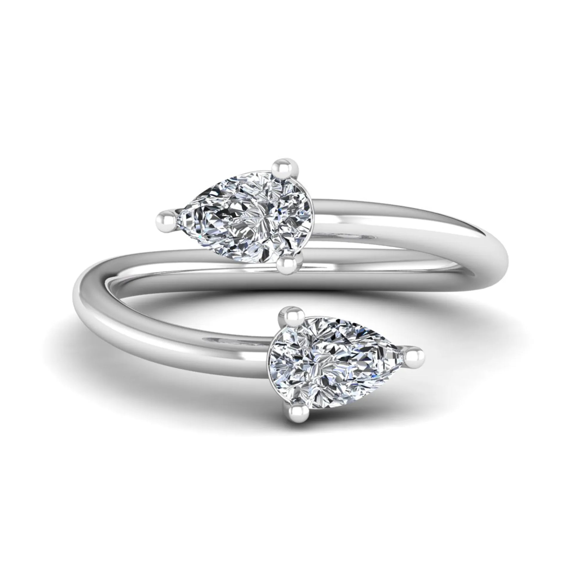 Double pear cut lab grown diamond open wrap ring with mirrored three-prong set diamonds in polished white gold.
