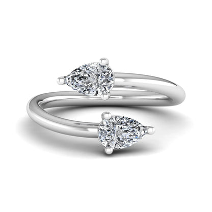 Double pear cut lab grown diamond open wrap ring with mirrored three-prong set diamonds in polished white gold.