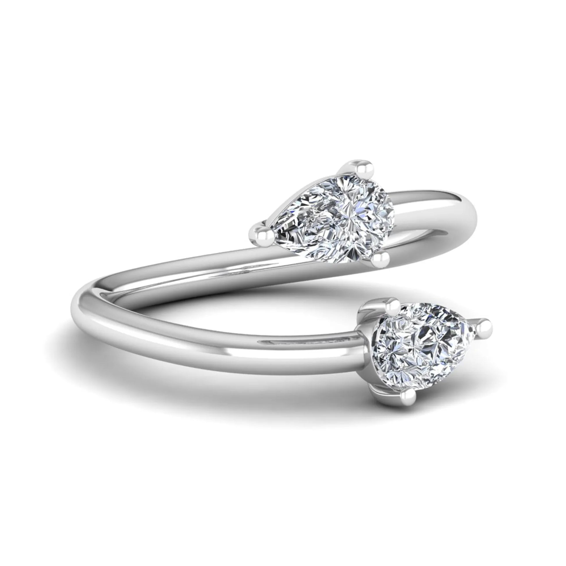 Double pear cut lab grown diamond open wrap ring with mirrored three-prong set diamonds in polished white gold.