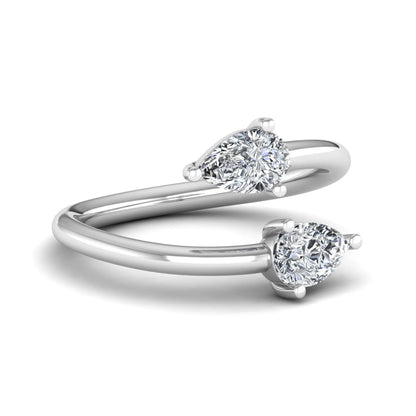 Double pear cut lab grown diamond open wrap ring with mirrored three-prong set diamonds in polished white gold.