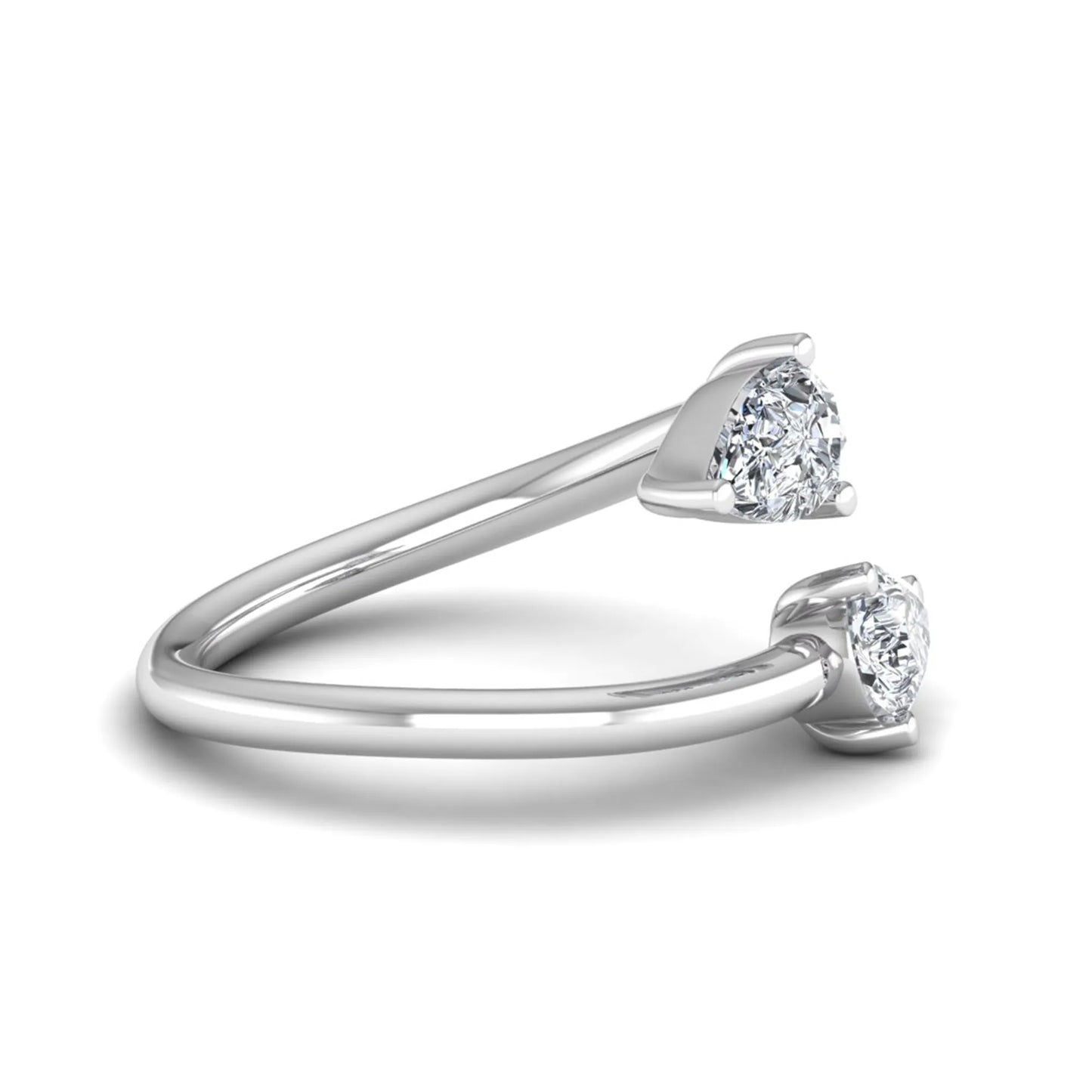 Double pear cut lab grown diamond open wrap ring with mirrored three-prong set diamonds in polished white gold.