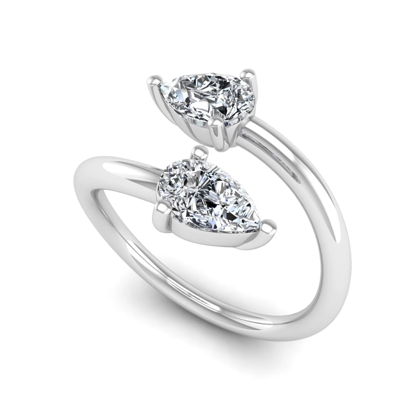 Double pear cut lab grown diamond open wrap ring with mirrored three-prong set diamonds in polished white gold.