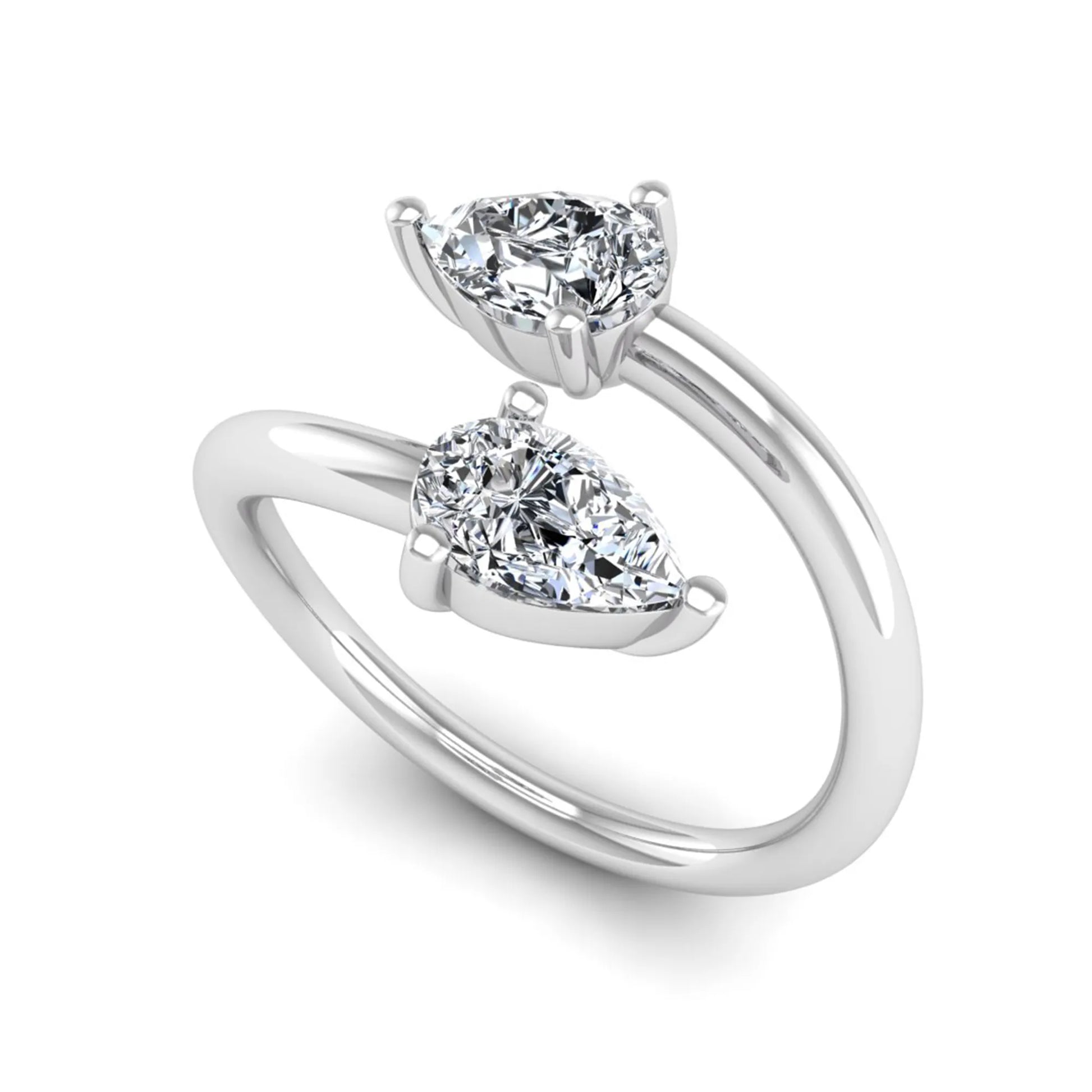 Double pear cut lab grown diamond open wrap ring with mirrored three-prong set diamonds in polished white gold.